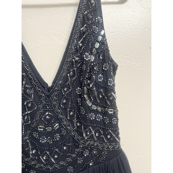 $495 AIDAN MATTOX Navy Embellished Beaded Tulle Formal Dress Gown Size 6 M3020 - Picture 6 of 15